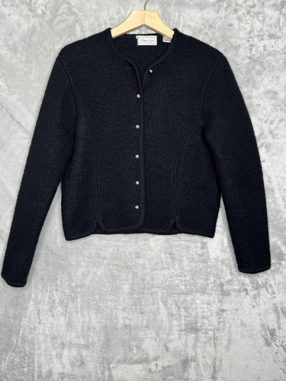 Laura Jean Cardigan Sweater Juniors 9/10 black 100% Wool Button Front Collarless
